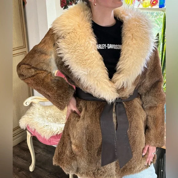 Vintage Genuine rabbit fur coat big collar chunky wool trim belt S *see note! - Picture 2 of 14
